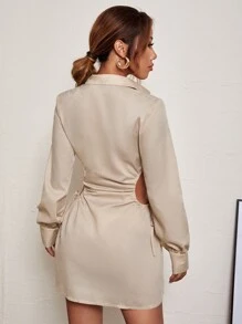 Cut Out Drawstring Waist Shirt Dress - Apricot - View 2