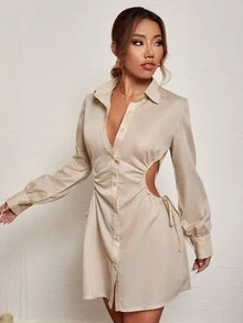 Cut Out Drawstring Waist Shirt Dress - Apricot - View 4