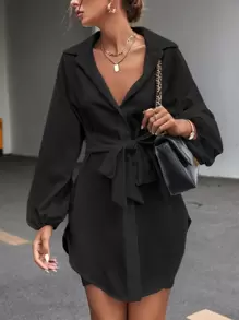 SHEIN Privé Solid Tie Front Drop Shoulder Blouse - Black - View 1