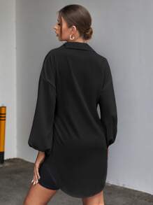 SHEIN Privé Solid Tie Front Drop Shoulder Blouse - Black - View 2