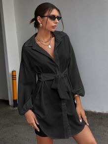 SHEIN Privé Solid Tie Front Drop Shoulder Blouse - Black - View 3