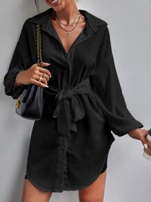 SHEIN Privé Solid Tie Front Drop Shoulder Blouse - Black - View 4