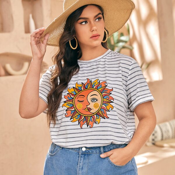 

Plus Sun Print And Striped Tee, Light grey
