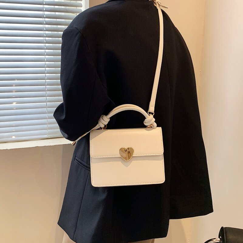 

Heart Design Buckle Top Handle Satchel Bag, White