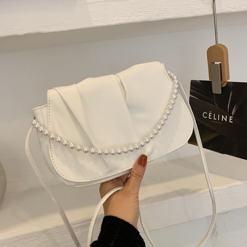 

Faux Pearl Handle Ruched Satchel Bag, White