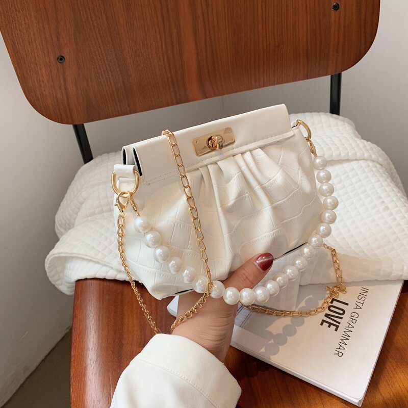 

Faux Pearl Handle Ruched Bag, White