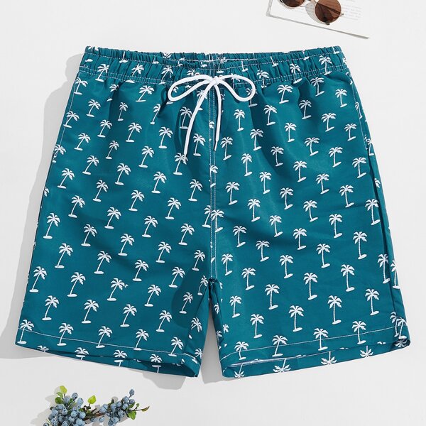 

Men Allover Tropical Print Drawstring Waist Swim Trunks, Teal blue