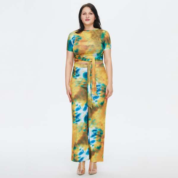 

Plus Tie Dye Top & Wide Leg Pants Set, Multicolor