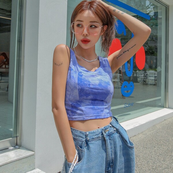 

Tie Dye Crop Tank Top, Blue