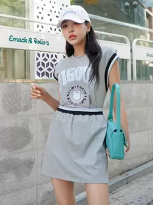 DAZY Letter Graphic Tank Top With Skirt, Women Two Pieces Sets - Grey - View 5