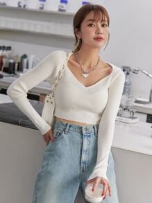 DAZY Solid Rib-knit Crop Jumper - White - View 1