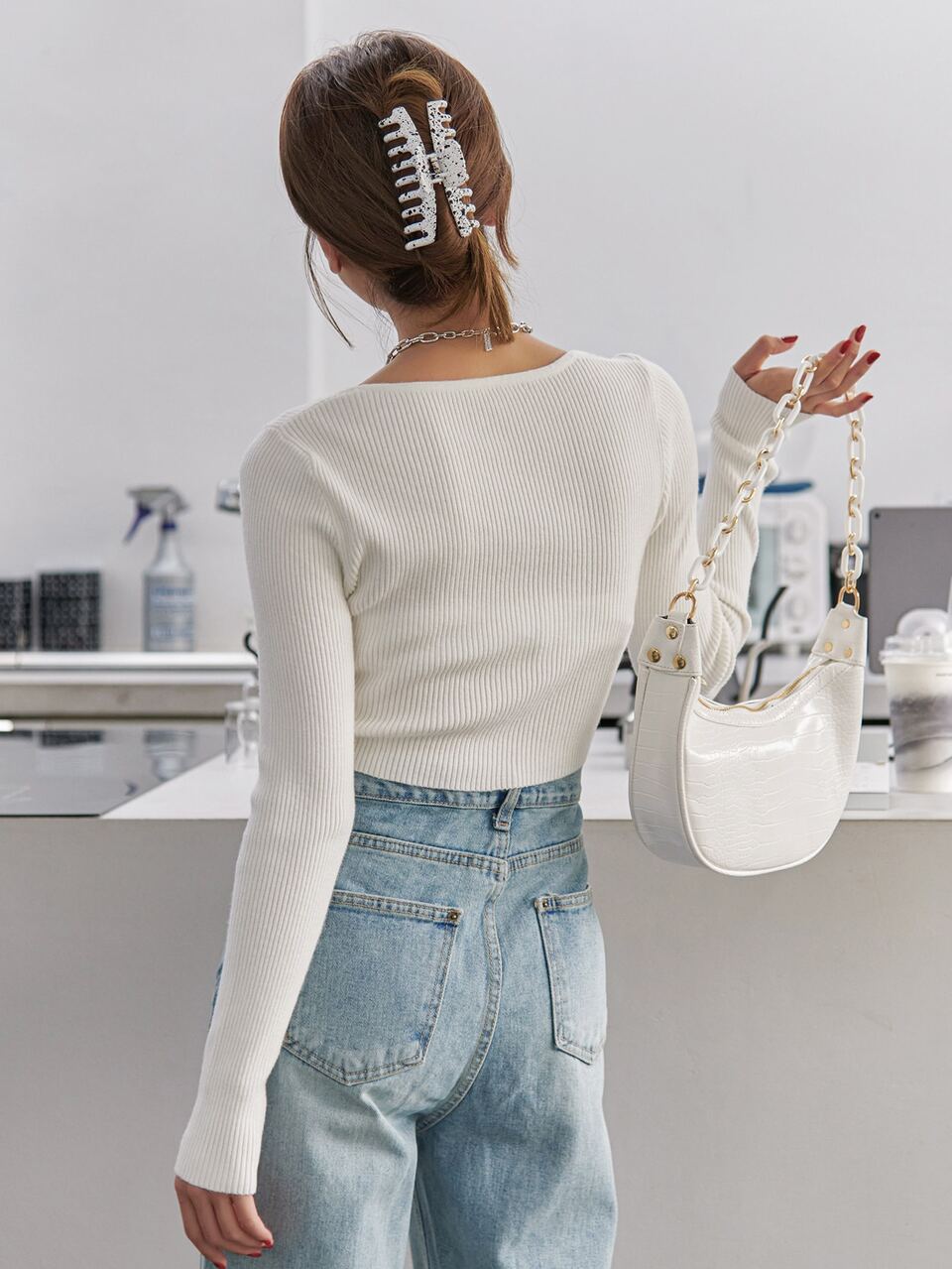 Solid Rib-knit Crop Sweater