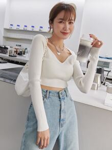 DAZY Solid Rib-knit Crop Jumper - White - View 5