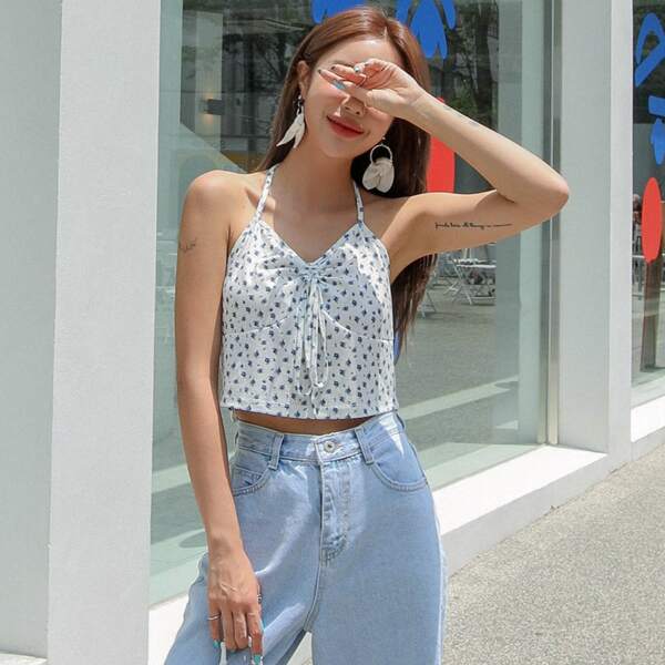 

Ditsy Floral Tie Back Halter Top, Blue and white