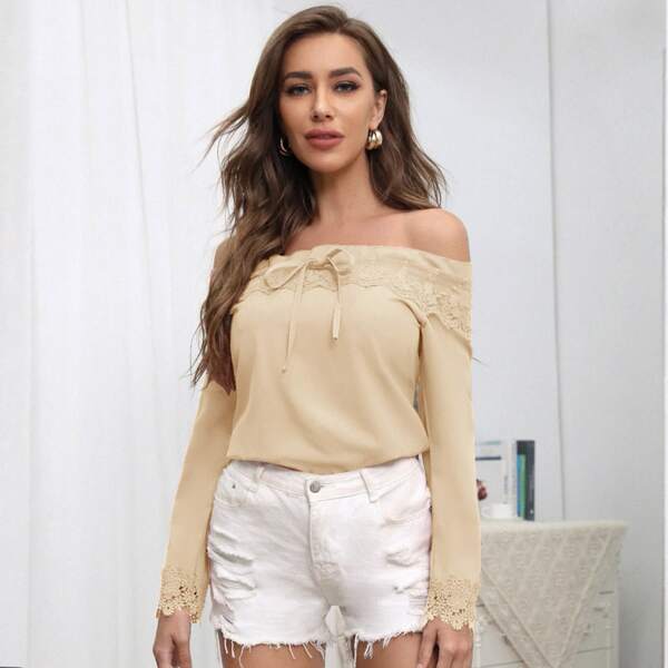 

Off Shoulder Lace Detail Top, Apricot