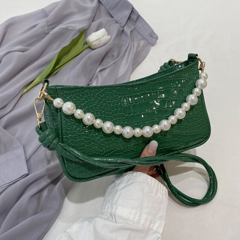 

Faux Pearl Handle Croc Embossed Satchel Bag, Green