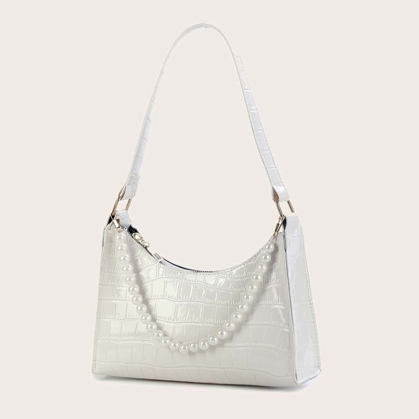 

Faux Pearl Decor Croc Embossed Baguette Bag, White