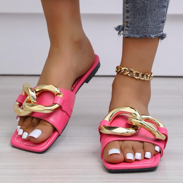 

Minimalist Chain Decor Slide Sandals, Pink