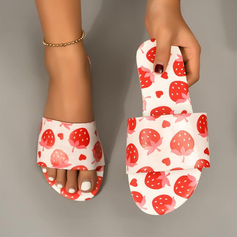 

Fruit Graphic Slide Sandals, Red and white