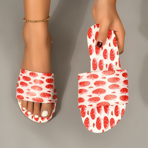 

Fruit Graphic Slide Sandals, Red and white