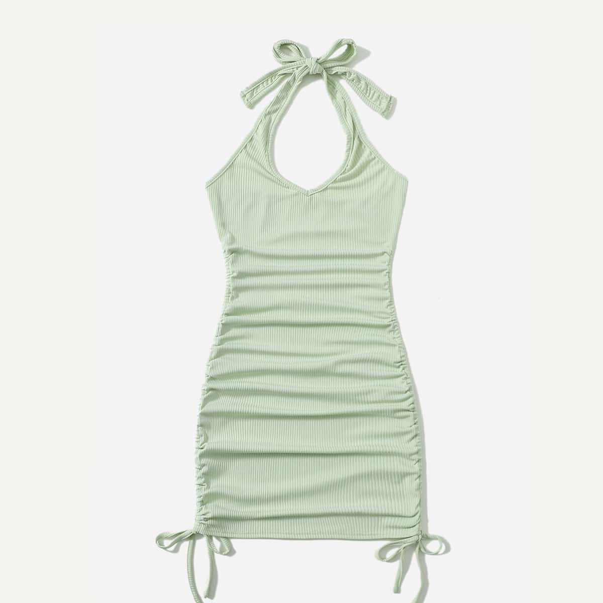 

Solid Drawstring Ruched Ribbed Halter Dress, Mint green