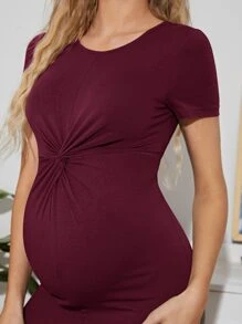 SHEIN Maternity Twist Front Solid Bodycon Dress - Burgundy - View 6