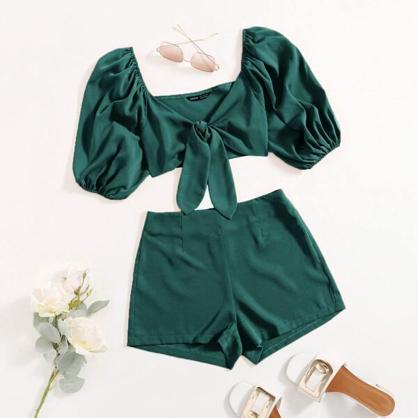 

Puff Sleeve Tie Front Crop Top & Shorts Set, Dark green