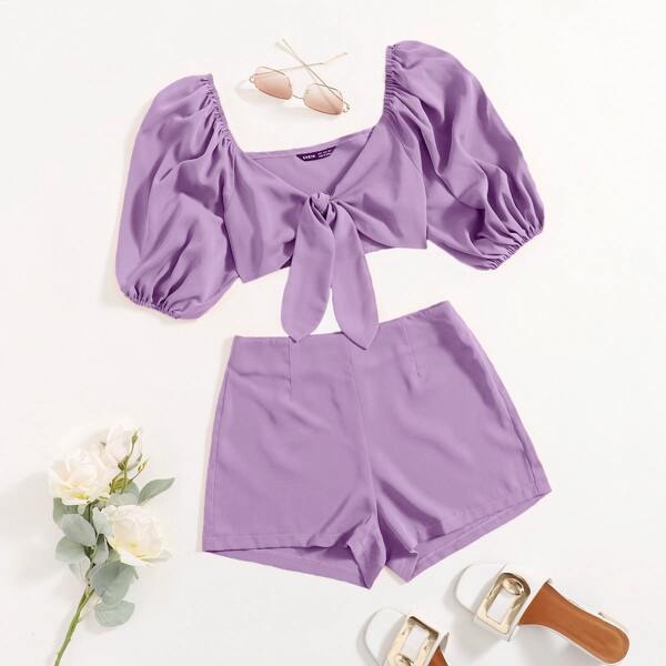 

Puff Sleeve Tie Front Crop Top & Shorts Set, Purple