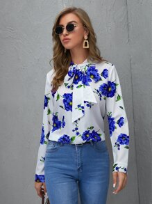 EMERY ROSE Tie Neck Floral Top - Blue and White - View 1
