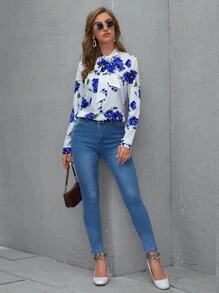 EMERY ROSE Tie Neck Floral Top - Blue and White - View 3
