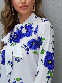 EMERY ROSE Tie Neck Floral Top - Blue and White - View 4
