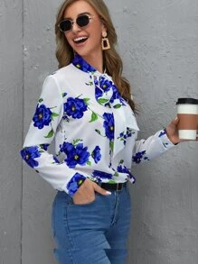 EMERY ROSE Tie Neck Floral Top - Blue and White - View 5