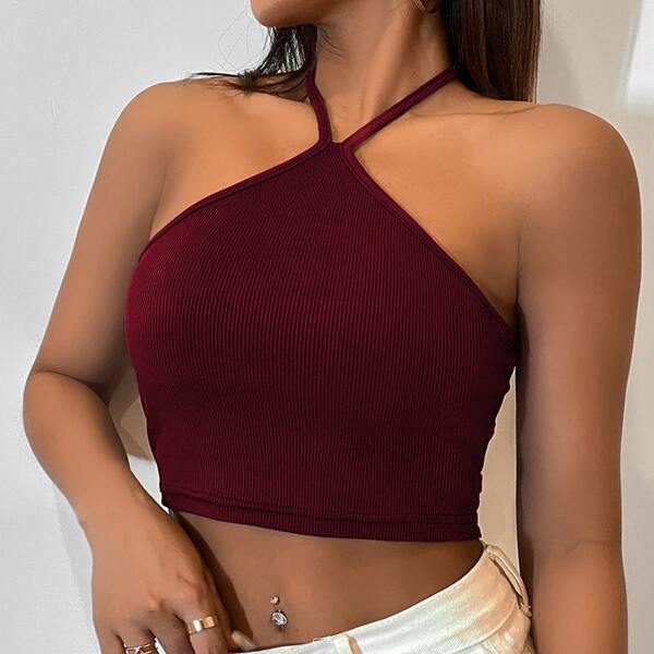 

Tie Back Crop Halter Top, Burgundy