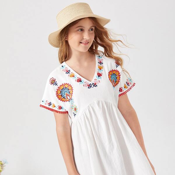 

Teen Girls Floral Embroidery Dress, White