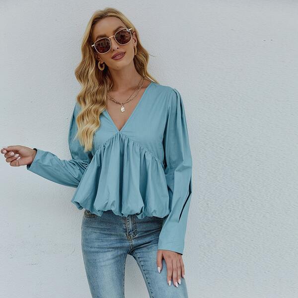 

Solid V Neck Peplum Blouse, Dusty blue
