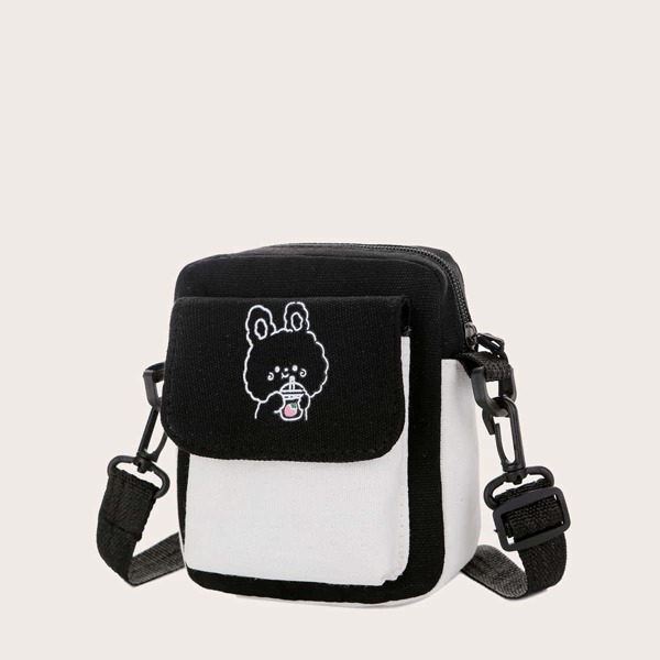 

Cartoon Graphic Canvas Crossbody Bag, Black and white