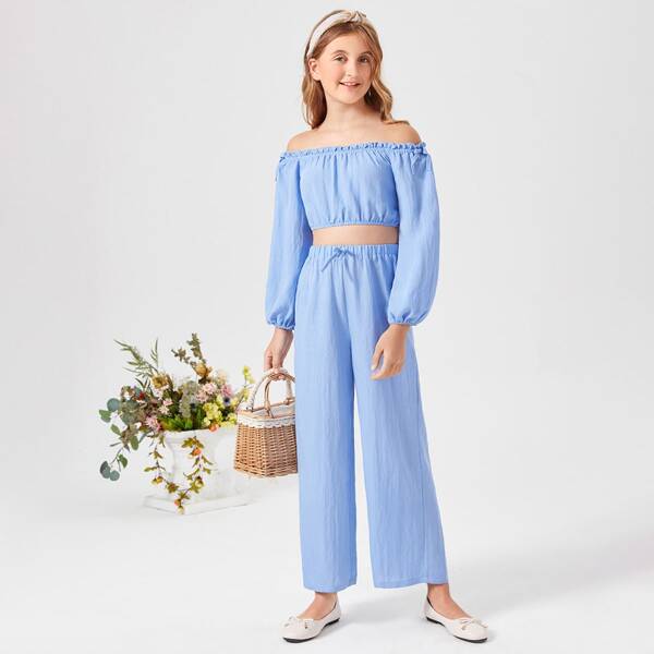 

Teen Girls Off Shoulder Frill Trim Top & Pants, Baby blue