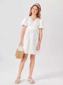 SHEIN 青少年女孩褶邊泡泡袖傘狀洋裝