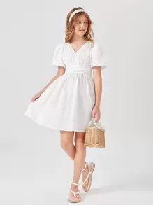 SHEIN 青少年女孩褶邊泡泡袖傘狀洋裝