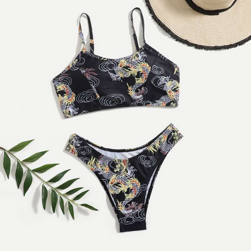 

Dragon Print Bikini Swimsuit, Black
