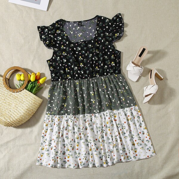 

Plus Colorblock Ditsy Floral Cap Sleeve Dress, Multicolor