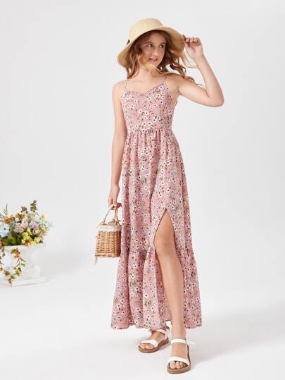 فستان كامي بحافة مشقوق بطباعة زهر اقحوان للبنات المراهقات