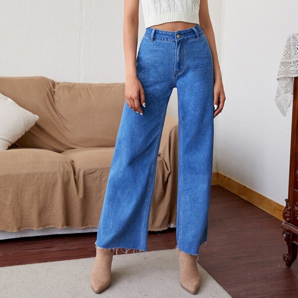 

High Waist Raw Hem Wide Leg Jeans, Medium wash