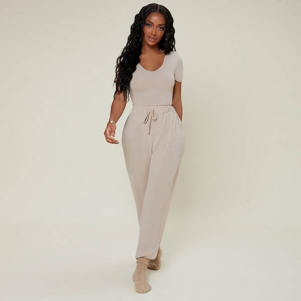 

Scoop Neck Tee and Pants PJ Set, Apricot