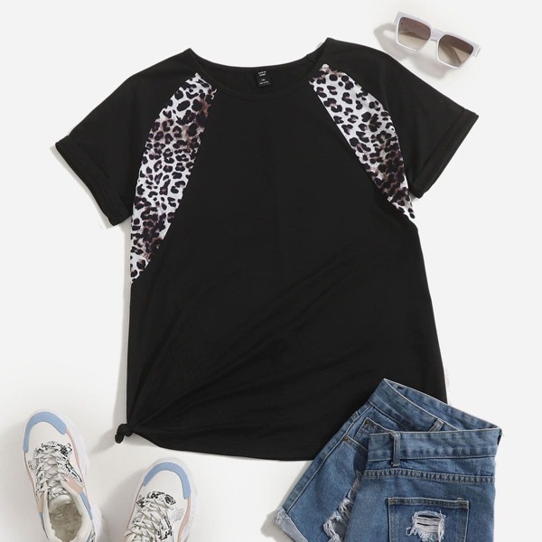 

Plus Lace Panel Drawstring Side Tee, Black