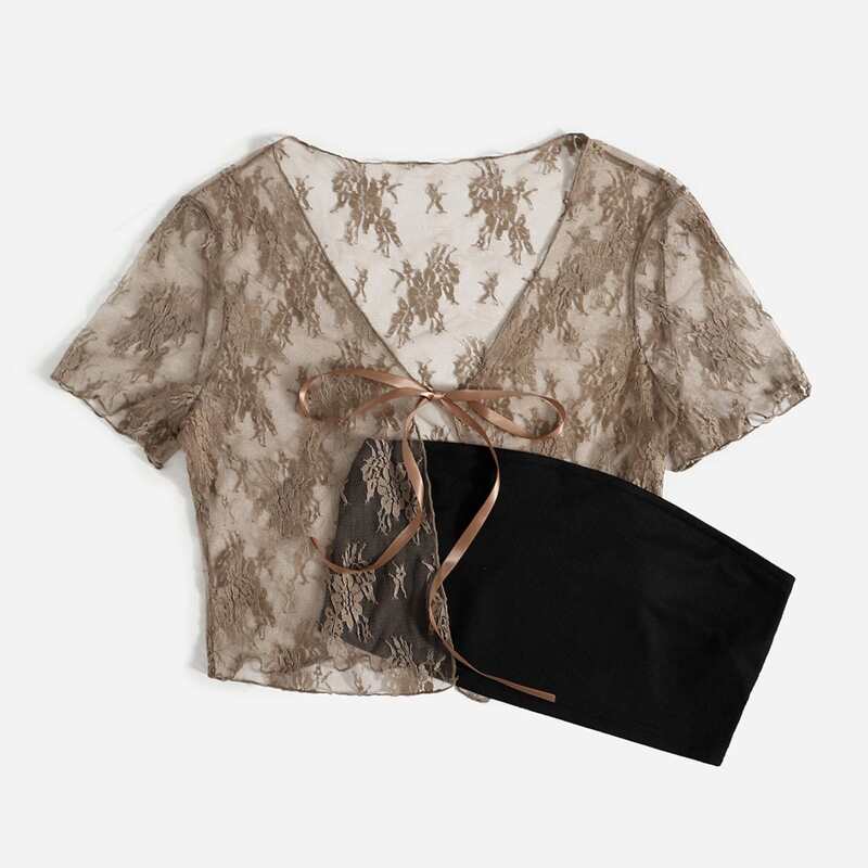 

Lace Tie Front Top & Solid Crop Tube Top, Multicolor