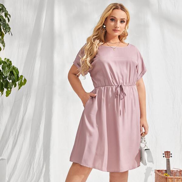

Plus Solid Batwing Sleeve Knot Waist Dress, Pink