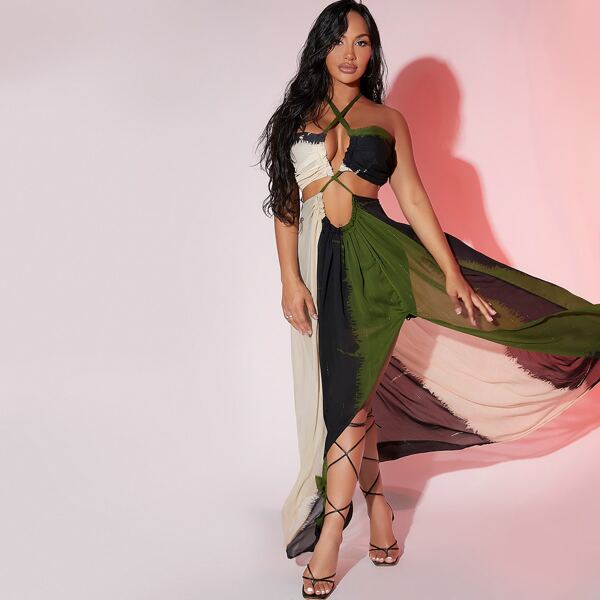 

Colorblock Cutout Self-Tie Halter Maxi Dress, Multicolor