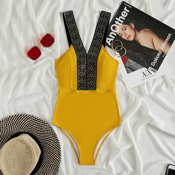 

Geo Tape Trim One Piece Swimsuit, Yellow