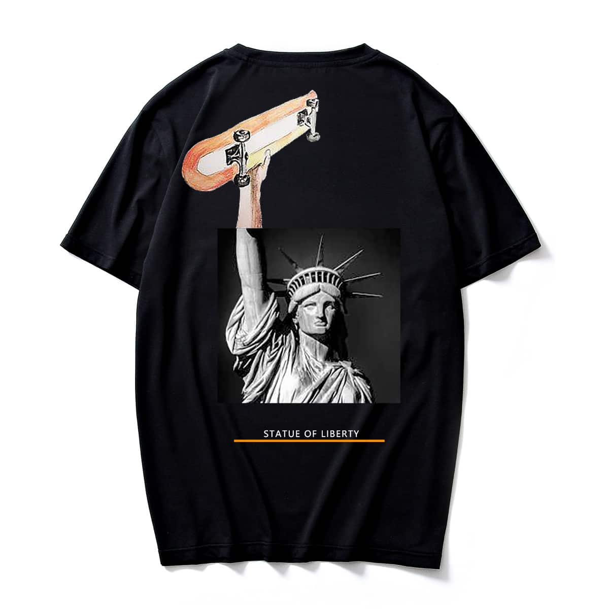 

Guys Skateboard And Statue Of Liberty Print Tee, Black